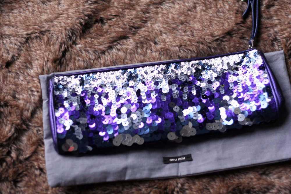 Authentic MIU MIU WRIST BAG in purple SEQUINS Metallic Leather Wristlet CLUTCH-party bag in london